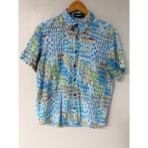 Vatpave Men's M Blue Multicolor Geometric Short Sleeve Button Up Shirt